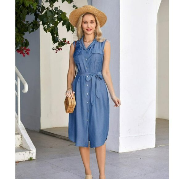 NWT GRACE KARIN Denim Sleeveless Button Down Dress with Belt Size L - Picture 1 of 6